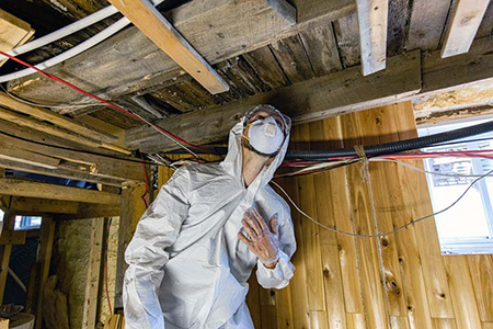 A worker in full PPE inspecting a site