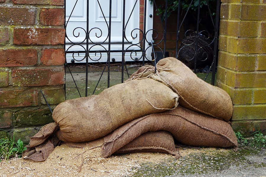 Sandbags in front of a gate used as flood defences