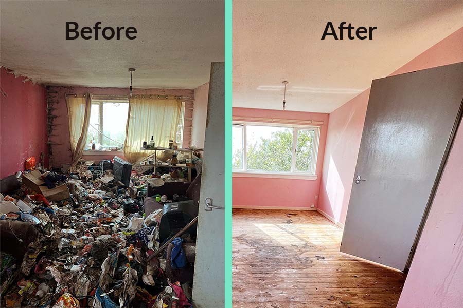 A before and after of a a hoarders house prior to clearance after clearance